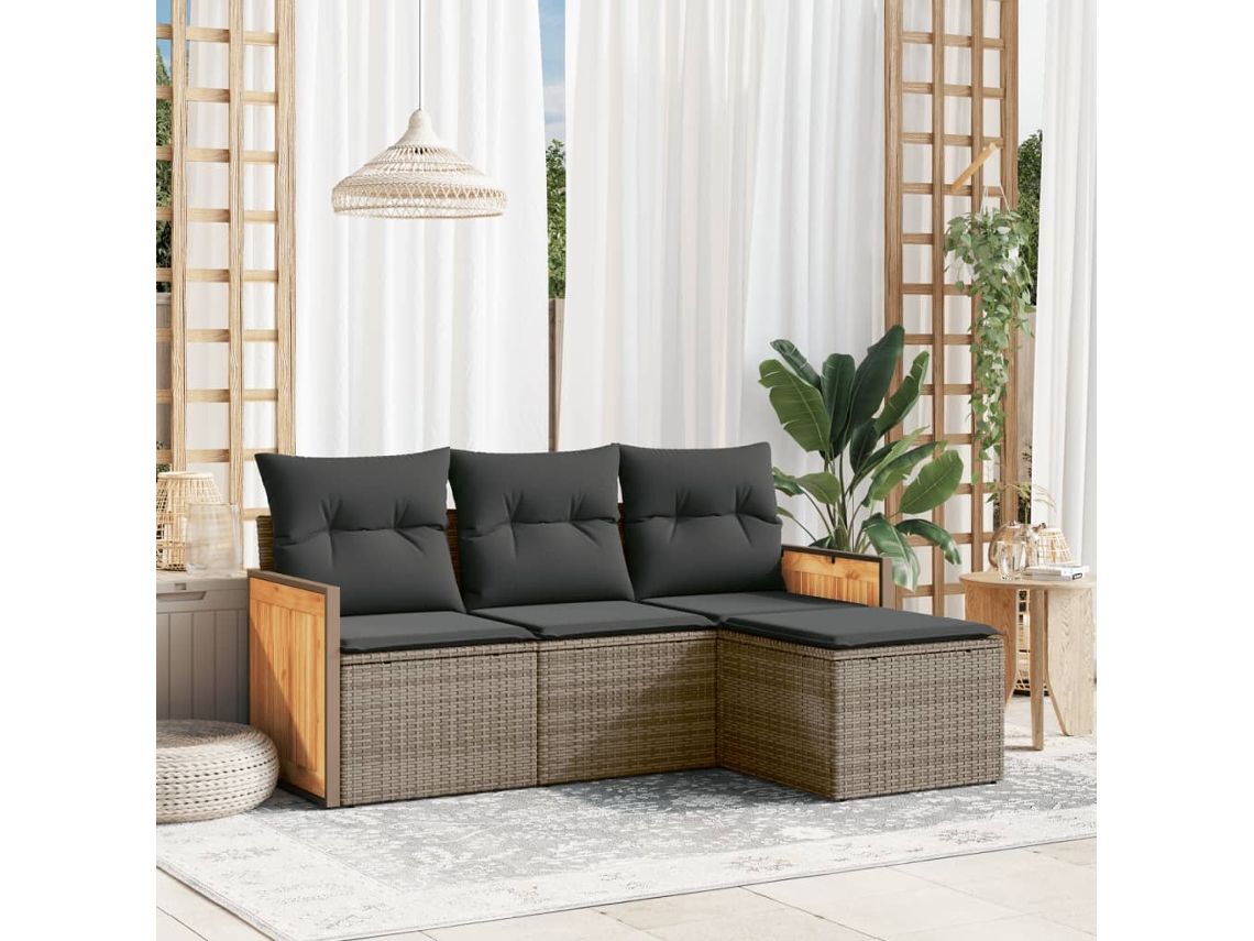 Vidaxl 4 Pcs Conjunto Sofás de Jardim C/ Almofadões Vime Pe Cinzento