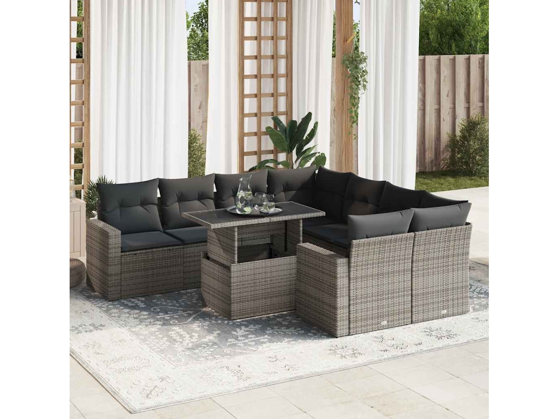 Vidaxl 9 Pcs Conjunto Sofás P/ Jardim Com Almofadões Vime Pe Cinzento