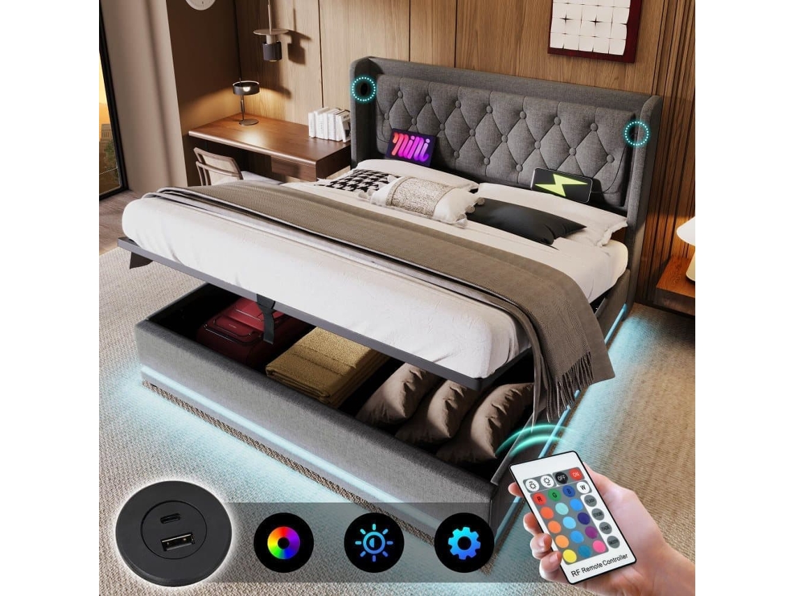 Cama Contentora Acolchoada 160 X 200 Cm Em Tecido De Algodão - Com Função De Carga E Led Ao Pé Da Cama - Cinzento