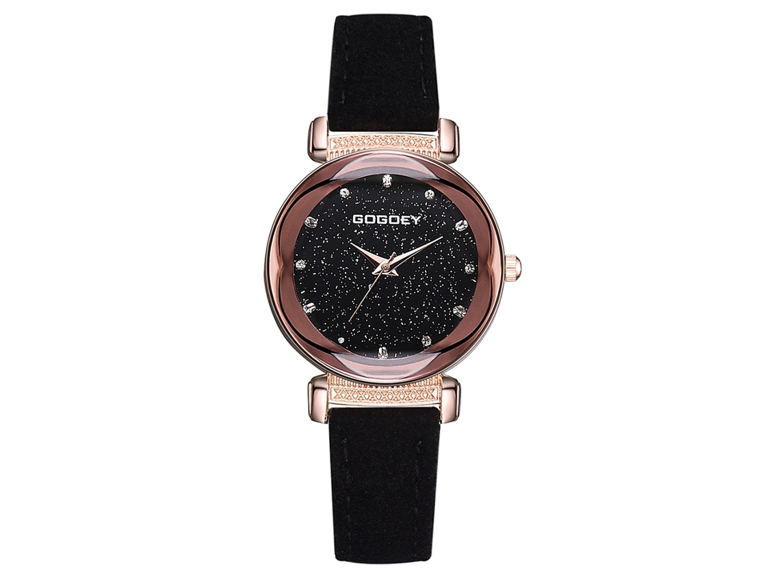 Relógio de Pulso Feminino de Quartzo com Pulseira Pu e Strass Mostrador Céu Estrelado Preto