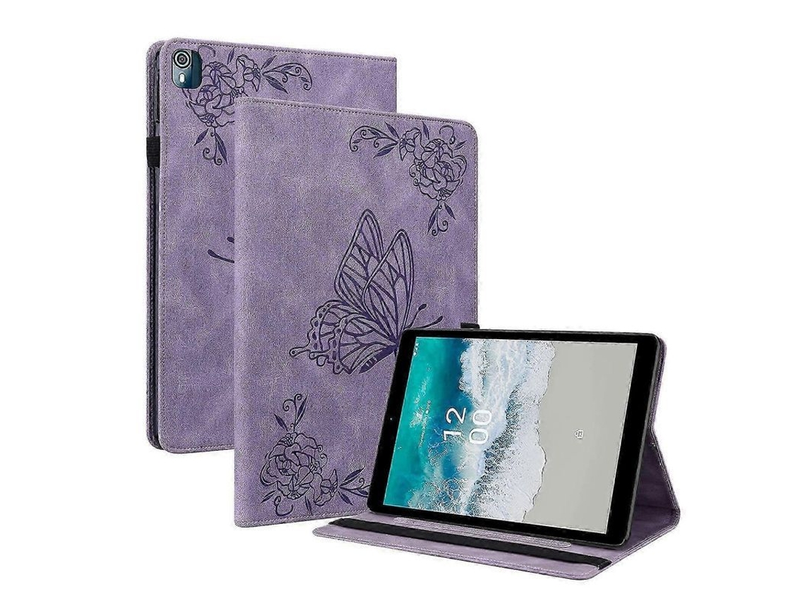 Capa para Tablet Nokia T10 com Padrão Borboleta Flor de Couro PU + TPU