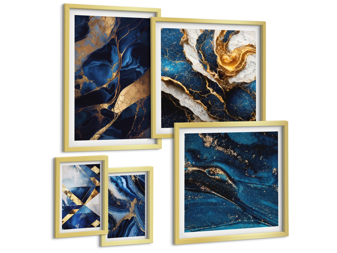 Conjunto De Pinturas Padrões Abstratos Azuis Espelharte (5 Peças)