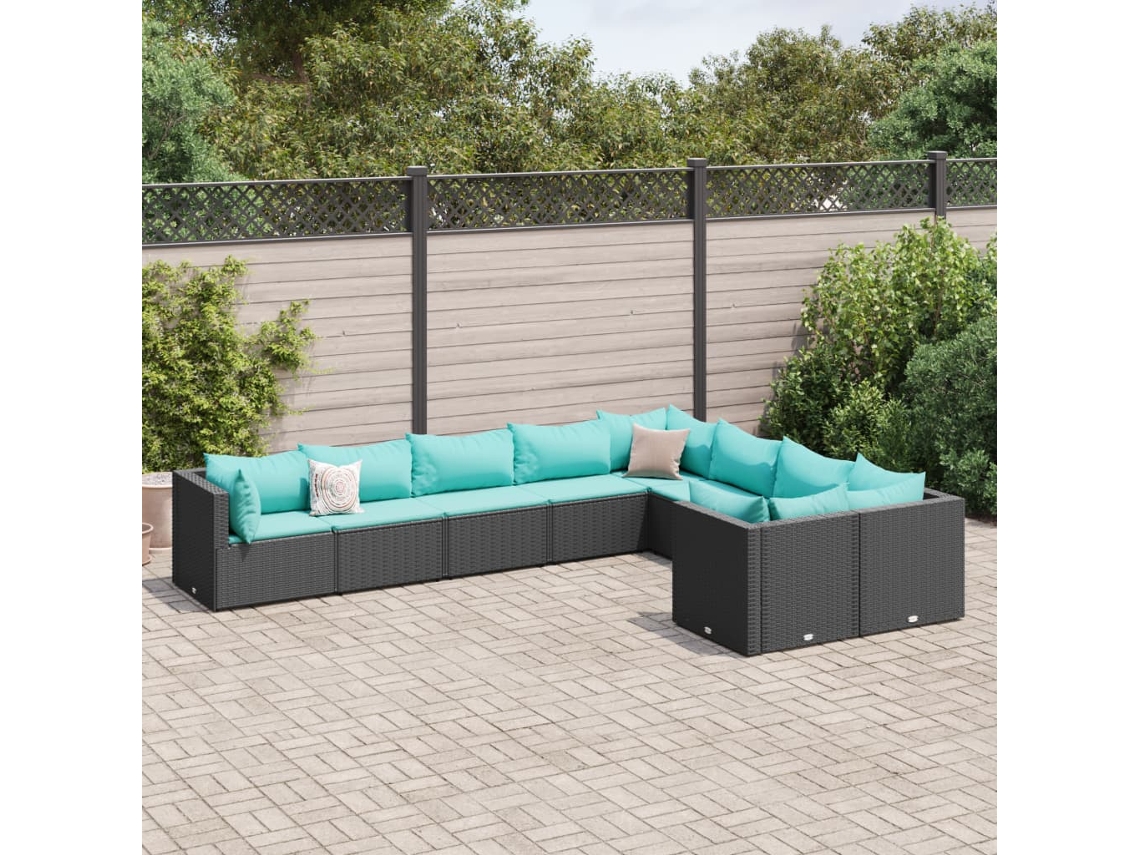 9 Pcs Conjunto De Sofás P/ Jardim C/ Almofadões Vime Pe Preto Dkd Home Decor