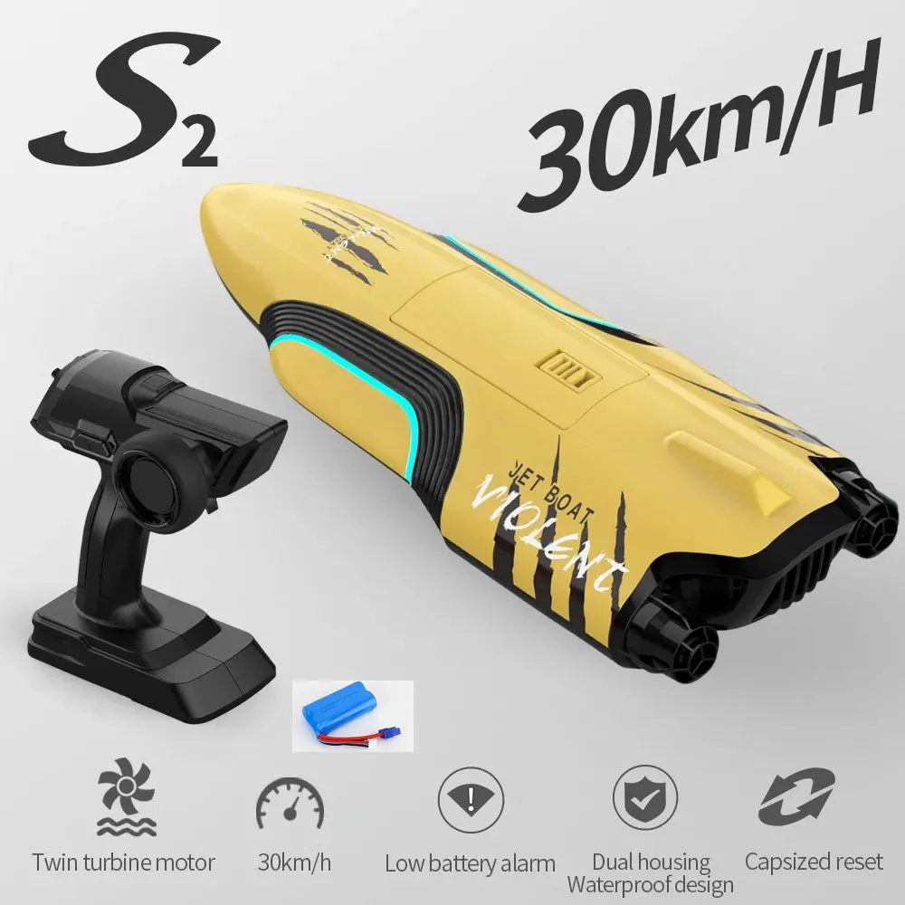 (amarelo, 1 Bateria) Lancha De 35 Cm Com Controle Remoto, Dois Jatos De Vórtice, Luzes De Led E Reinicialização Automática Em Caso De Capotamento.