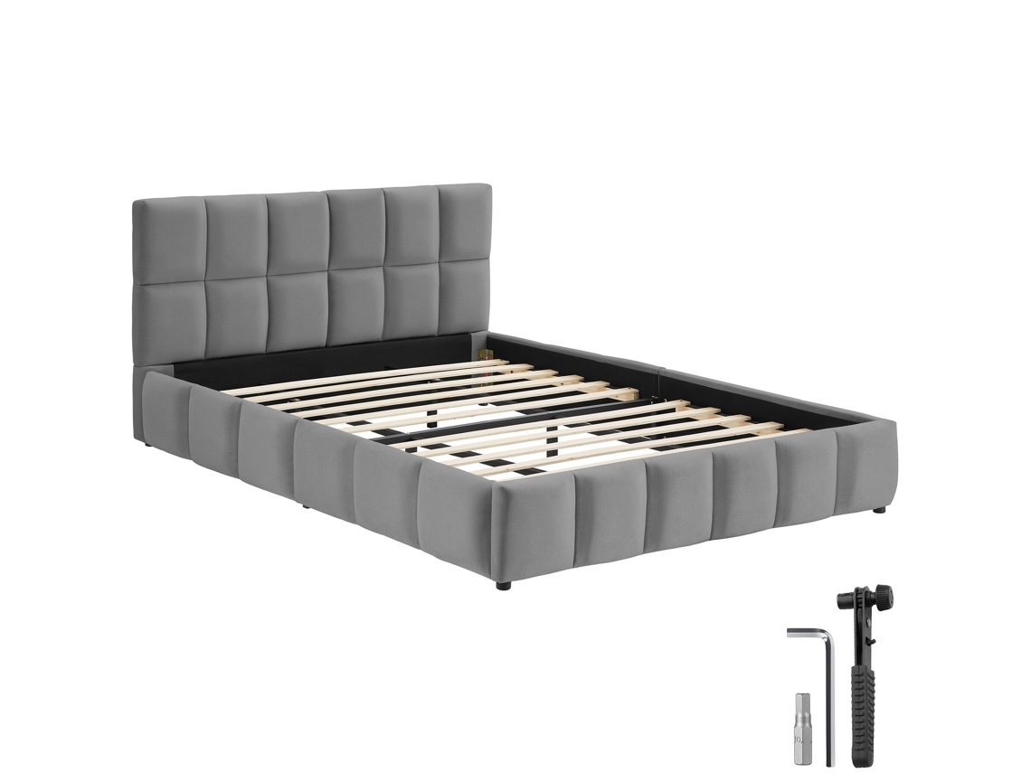 Cama Estofada Tectake Com Base Ripas, Moderna E Conforto Design, Aparência Aveludada, Mdf E Aço, 193x220x93cm, Cinza Escuro