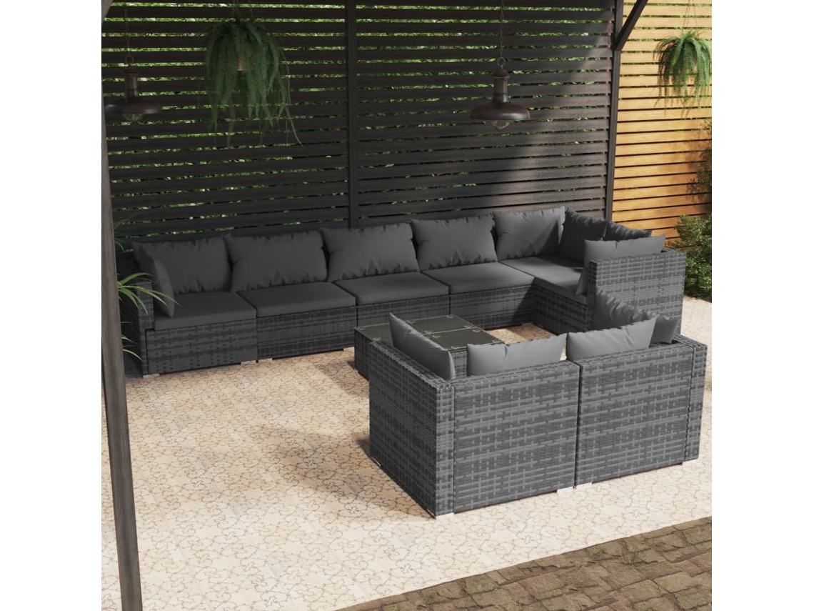 Vidaxl 9 Pcs Conjunto Lounge De Jardim C/ Almofadões Vime Pe Cinzento