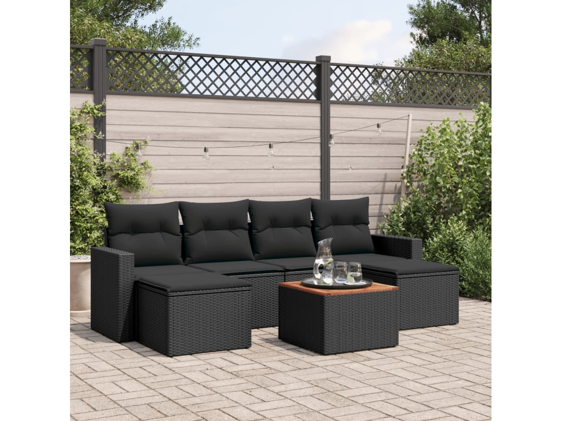 Jogo de Sofá 7 Peças P/ Jardim C/ Almofadões Vime Pe Preto Dkd Home Decor