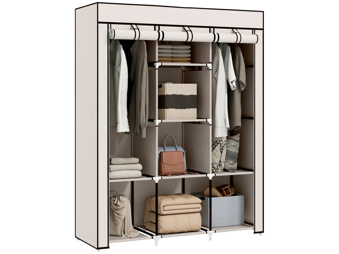 Roupeiro de Tecido Dobrável com 8 Prateleiras e 2 Barras BTFORUS (125x43x162.5cm) Creme