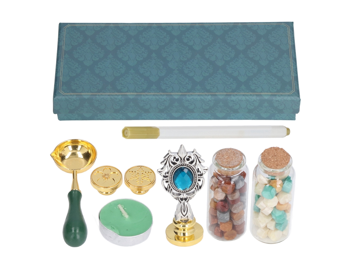 Kit de Selos de Cera com Forno Gravado Claro, Punho Desmontável, Colher Vintage, Estampa Prata Antiga, Pedras Rhinestone Azul Lago Sp272