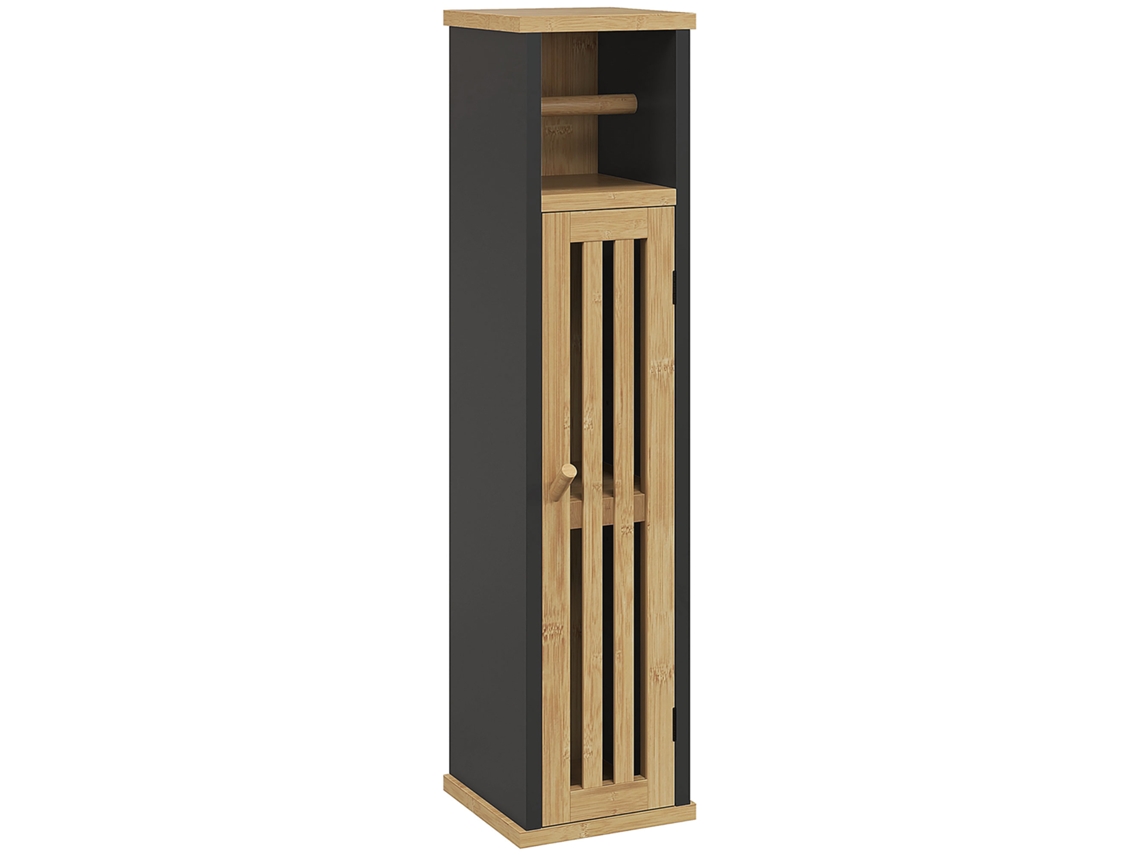 Armário Casa De Banho Preto/madeira Bambu Mdf Prateleira Aberta Ajustável - Dimensões: Cm 18x18x75