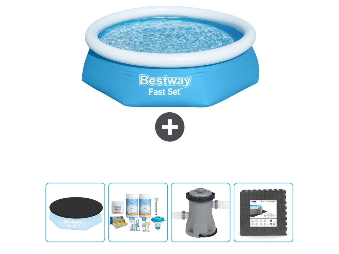 Piscina Inflável Redonda BESTWAY Fast Set 244 X 61 Cm Azul Incluída Cobrir Pacote de Manutenção Bombear Ladrilhos