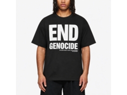 Camiseta preta Rockinstone End Genocide Katharine Hamnett Mary's Well com design exclusivo de designer.
