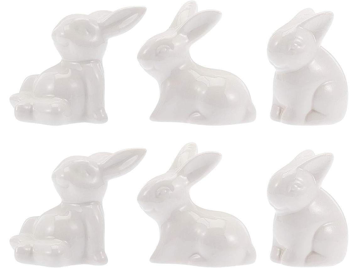 Conjunto 6 Estatuetas Coelho Decorativas Duráveis Cerâmica Branca Páscoa Decoração Estilo Artístico Simples GOKOCO