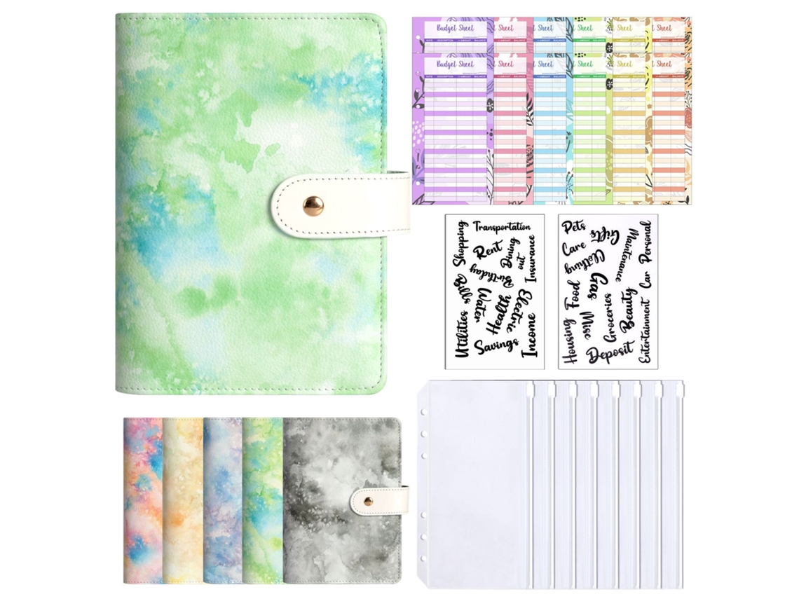 A6 Zipper Pouch Ring Binder With Buckle, Pu Leather Oil Painting Tie Dye Creative Planner Cash Budget Notebook Green