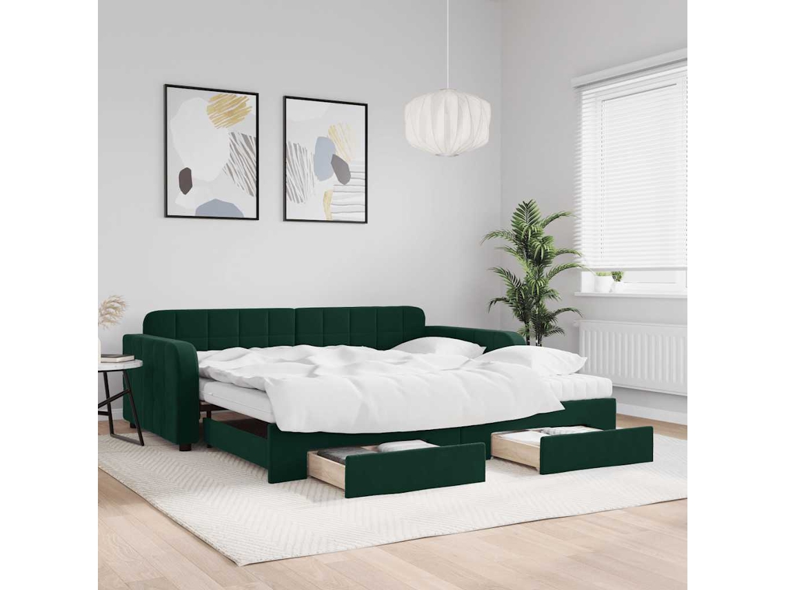 Vidaxl Sofá-cama C/ Gavetão E Gavetas 100x200 Cm Veludo Verde-escuro