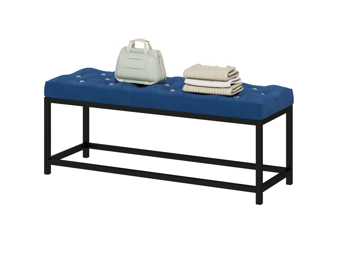 Banco Ao Pé Da Cama Estofado Em Veludo Design Capitoné Base De Metal Para Quarto Entrada Sala 117x40x48 Cm Azul Escuro