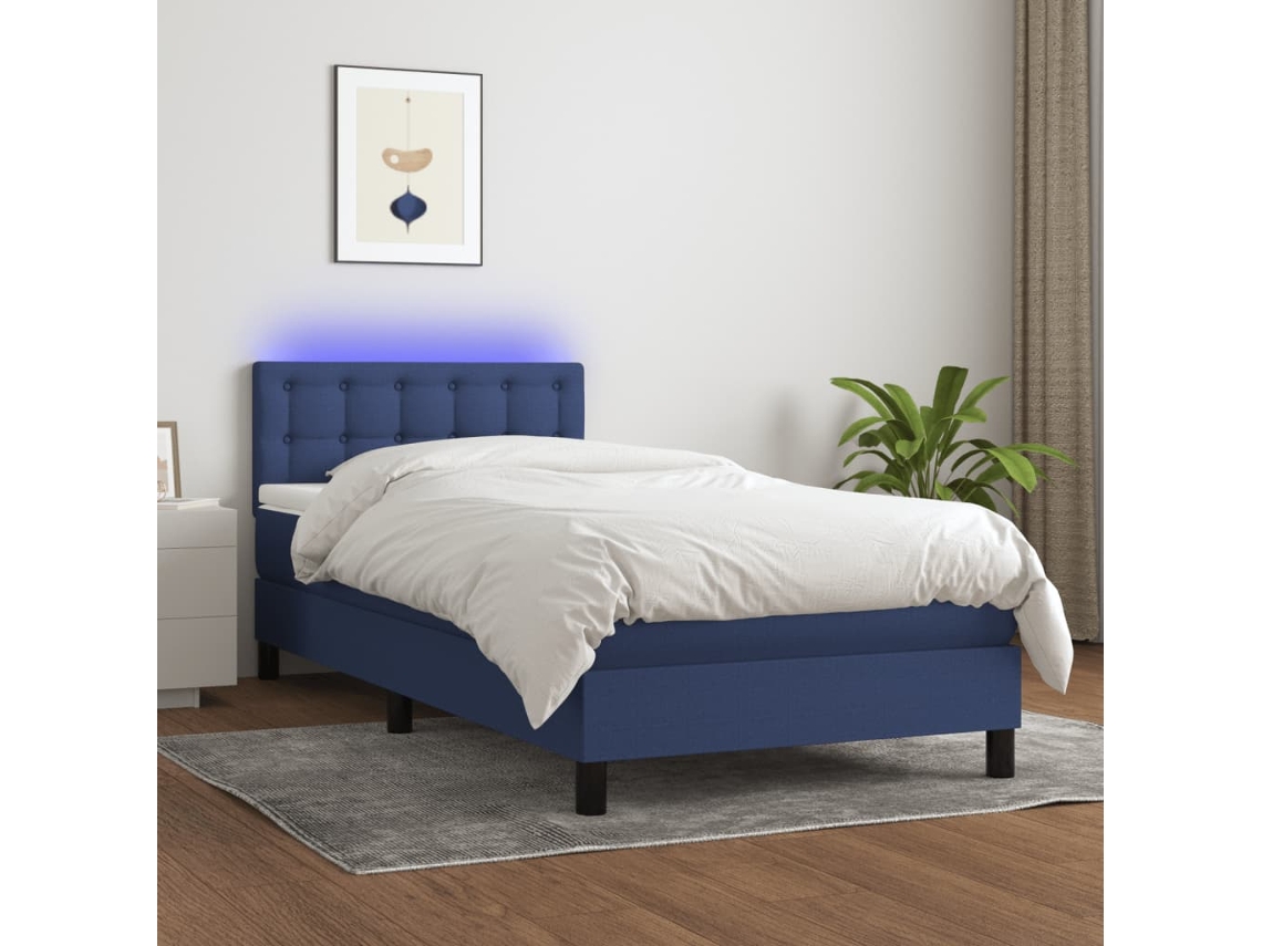 Vidaxl Cama Box Spring C/ Colchão E Led 90x200 Cm Tecido Azul