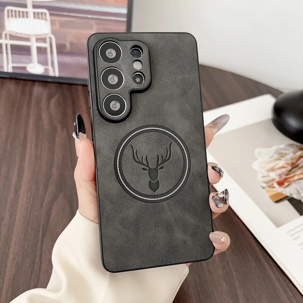 Capa Para Celular Samsung Galaxy S25 (cinza) Em Couro Pu Com Estampa De Veado, Compatível Com Carregamento Sem Fio.