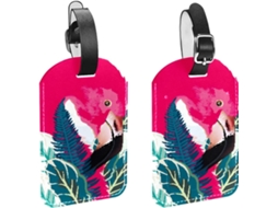 Conjunto De 2 Etiquetas Bagagem Em Imitação Couro Com Estampa Flamingo Rosa E Folha Vermelha