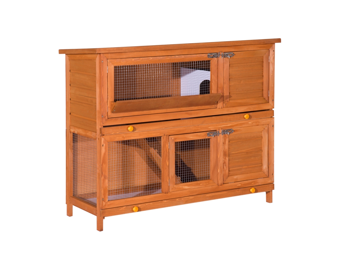 Coelheira de Madeira Exterior com 2 Níveis, Teto Asfáltico Dobrável, Rampa, Portas e 2 Bandejas Removíveis 120x48x100cm | S/MARCA