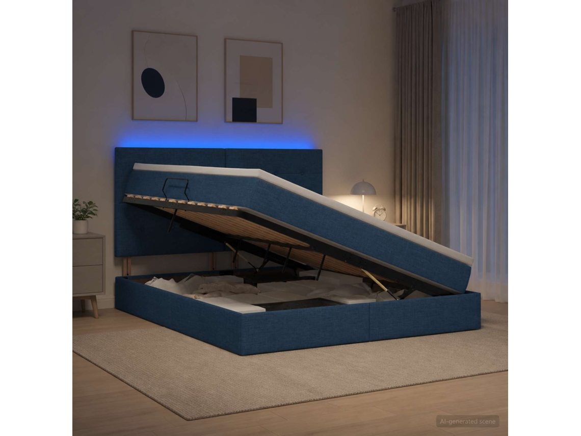 Vidaxl Cama De Armazenamento Led Com Colchão Azul 160 X 200 Cm Tecido