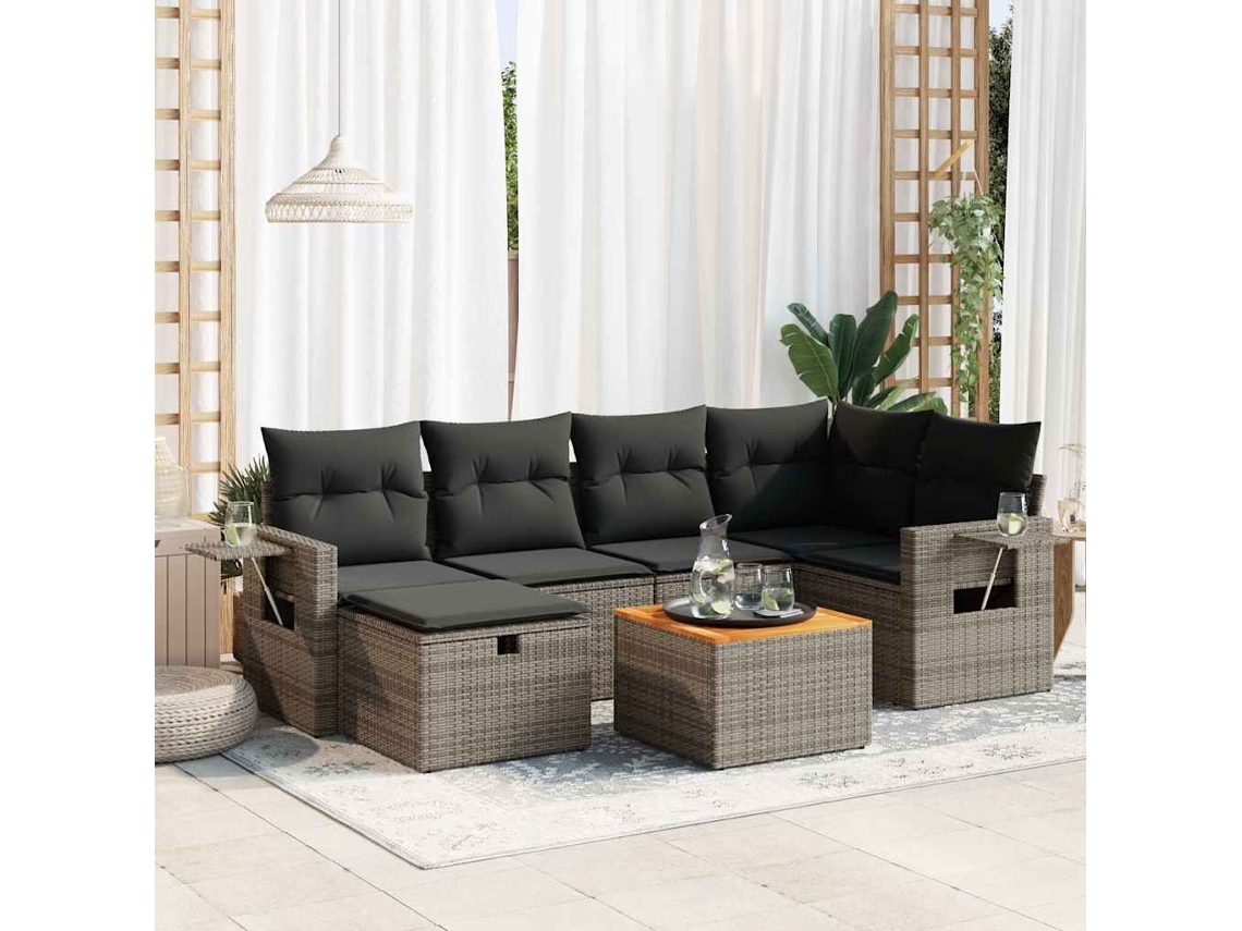 Vidaxl 7 Pcs Conjunto Sofás P/ Jardim C/ Almofadões Vime Pe Cinzento