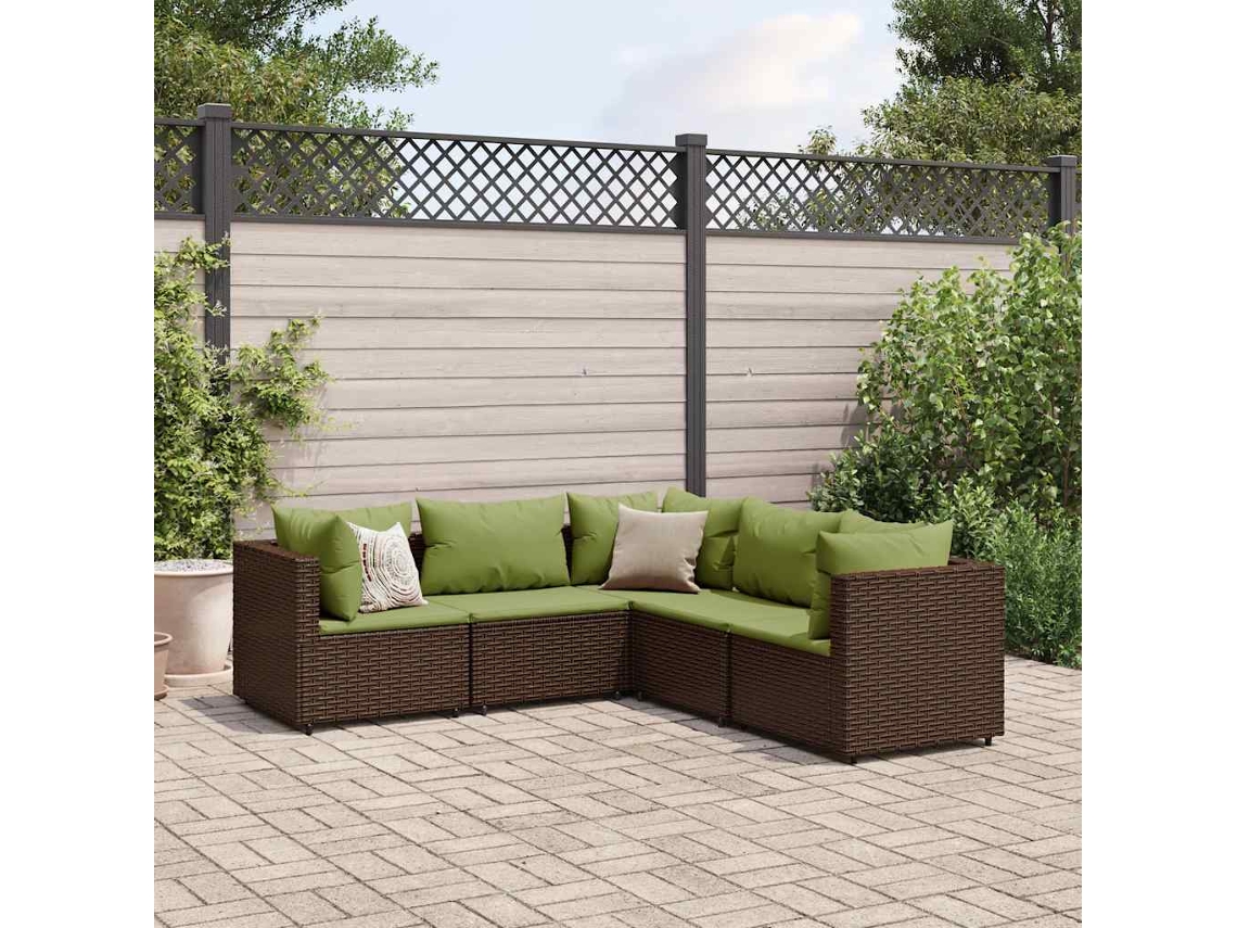 Vidaxl 5 Pcs Conjunto Lounge Jardim C/ Almofadões Vime Pe Castanho