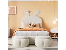 Cama Solteiro Bege 90x200cm Orelhas Coelho Luz Ajustável Armazenamento