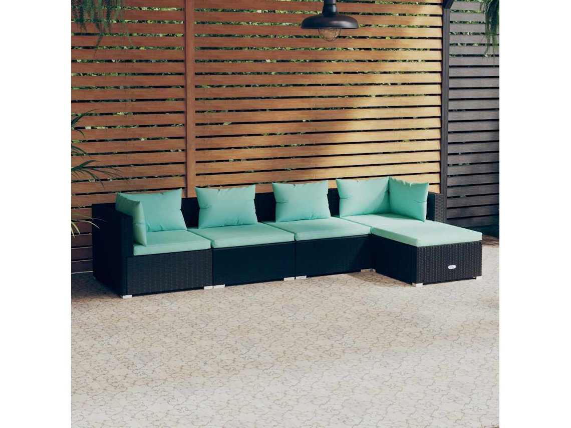 Vidaxl 5 Pcs Conjunto Lounge De Jardim C/ Almofadões Vime Pe Preto