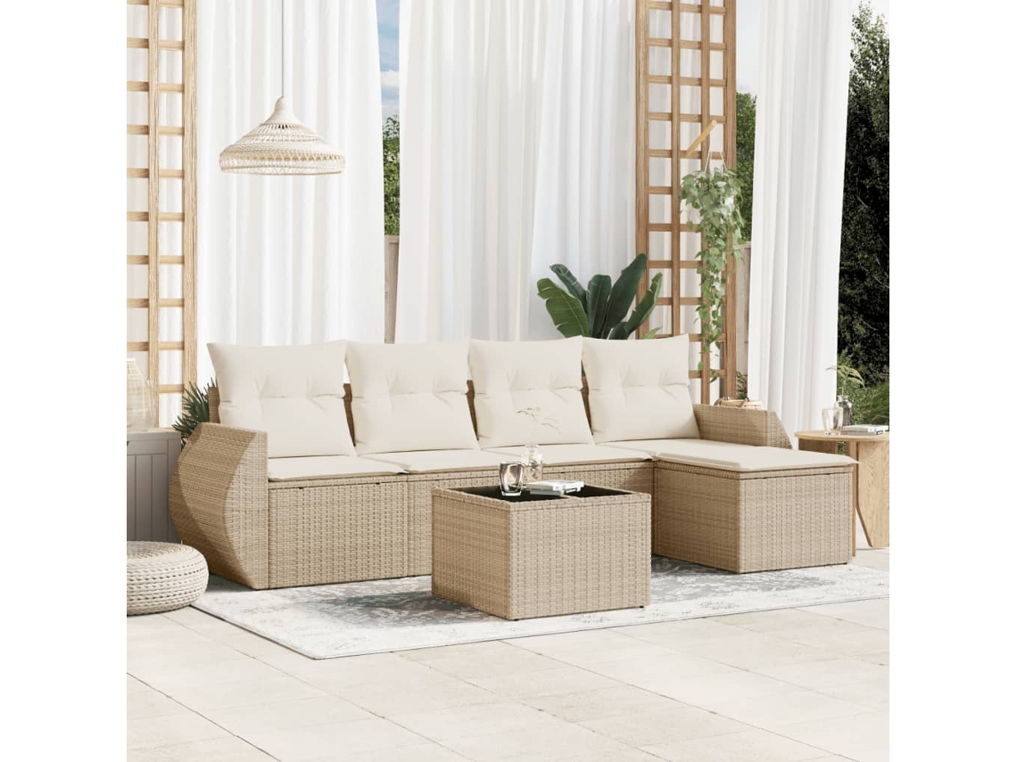Vidaxl 6 Pcs Conjunto De Sofás P/ Jardim Com Almofadões Vime Pe Bege