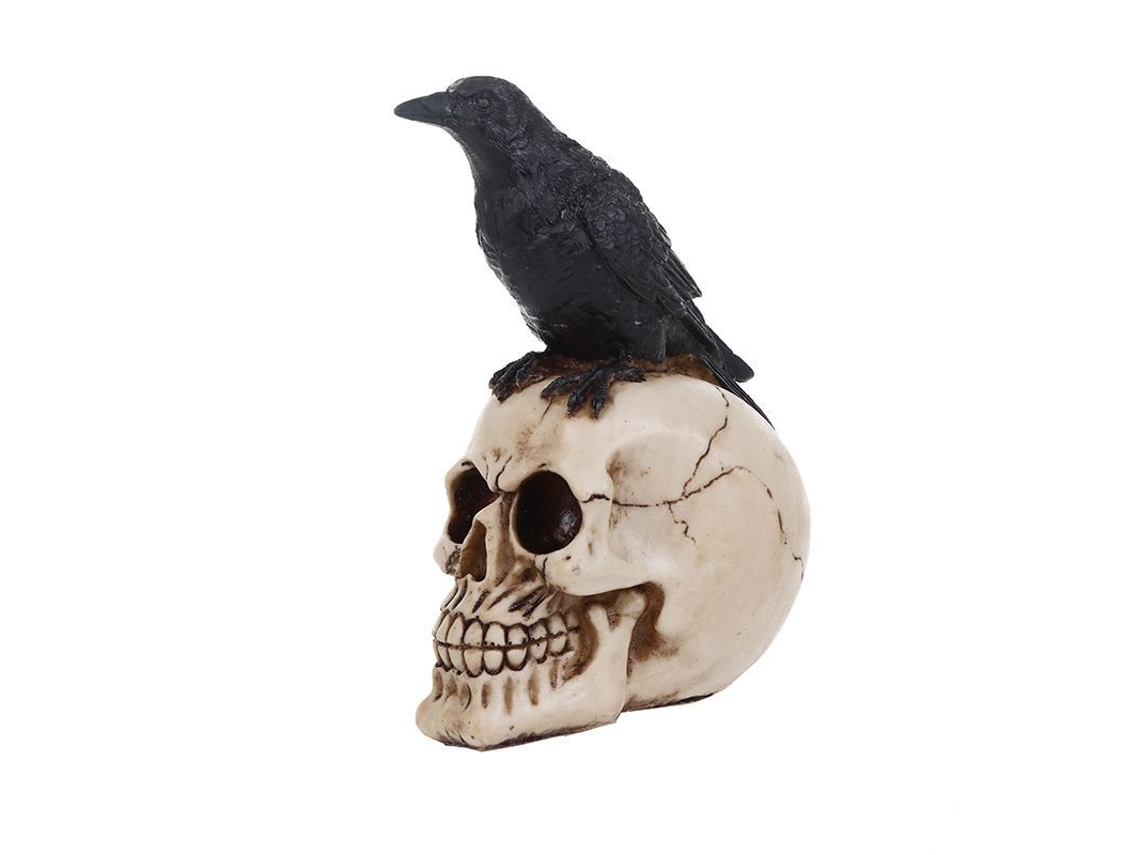 figura de Corvo em Cabeça de Caveira Decorativa de Halloween para Casa em Resina Fria