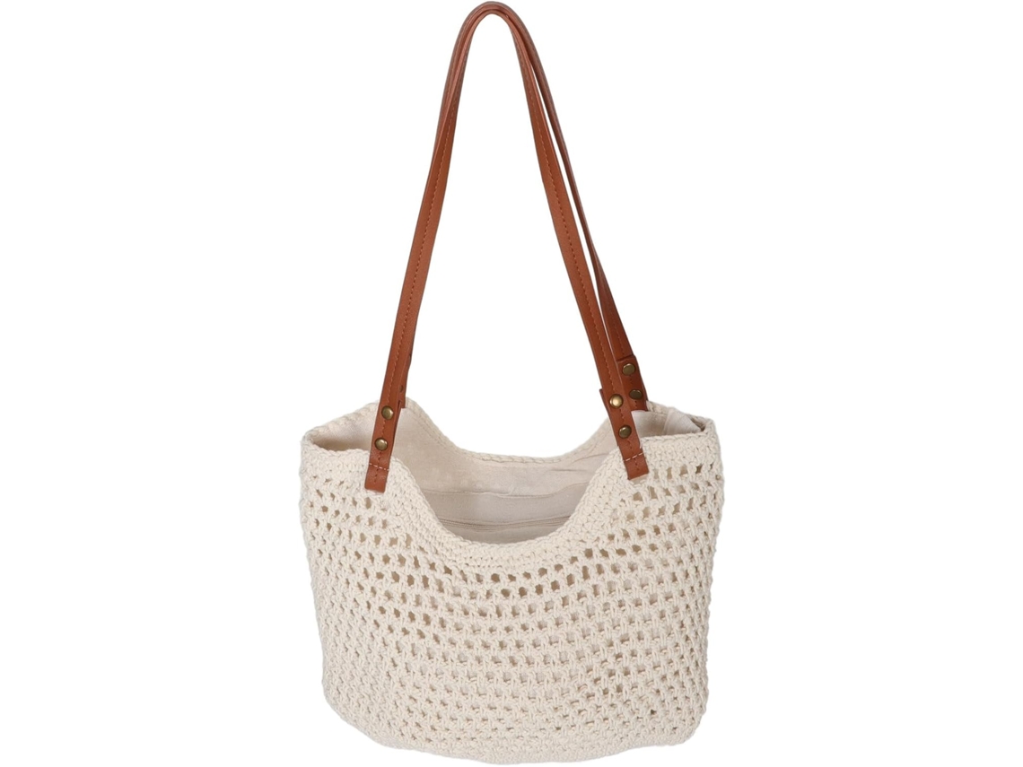 Bolsa De Praia Feminina Elegante Em Crochê De Algodão Com Interior Espaçoso E Zíper Branco.