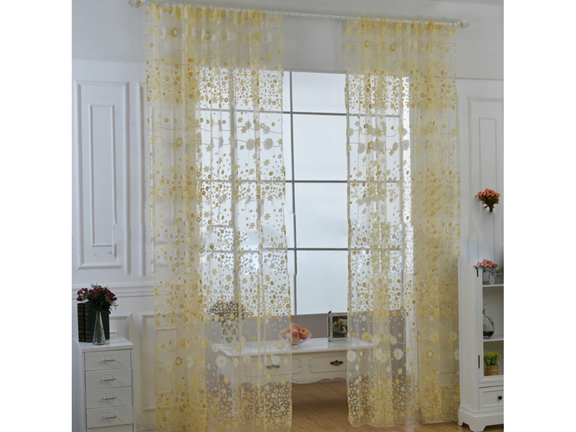 Baok-cortina Transparente Floral Elegante Velo Para Salão Estúdio Dormitório Amarelo 100x250cm