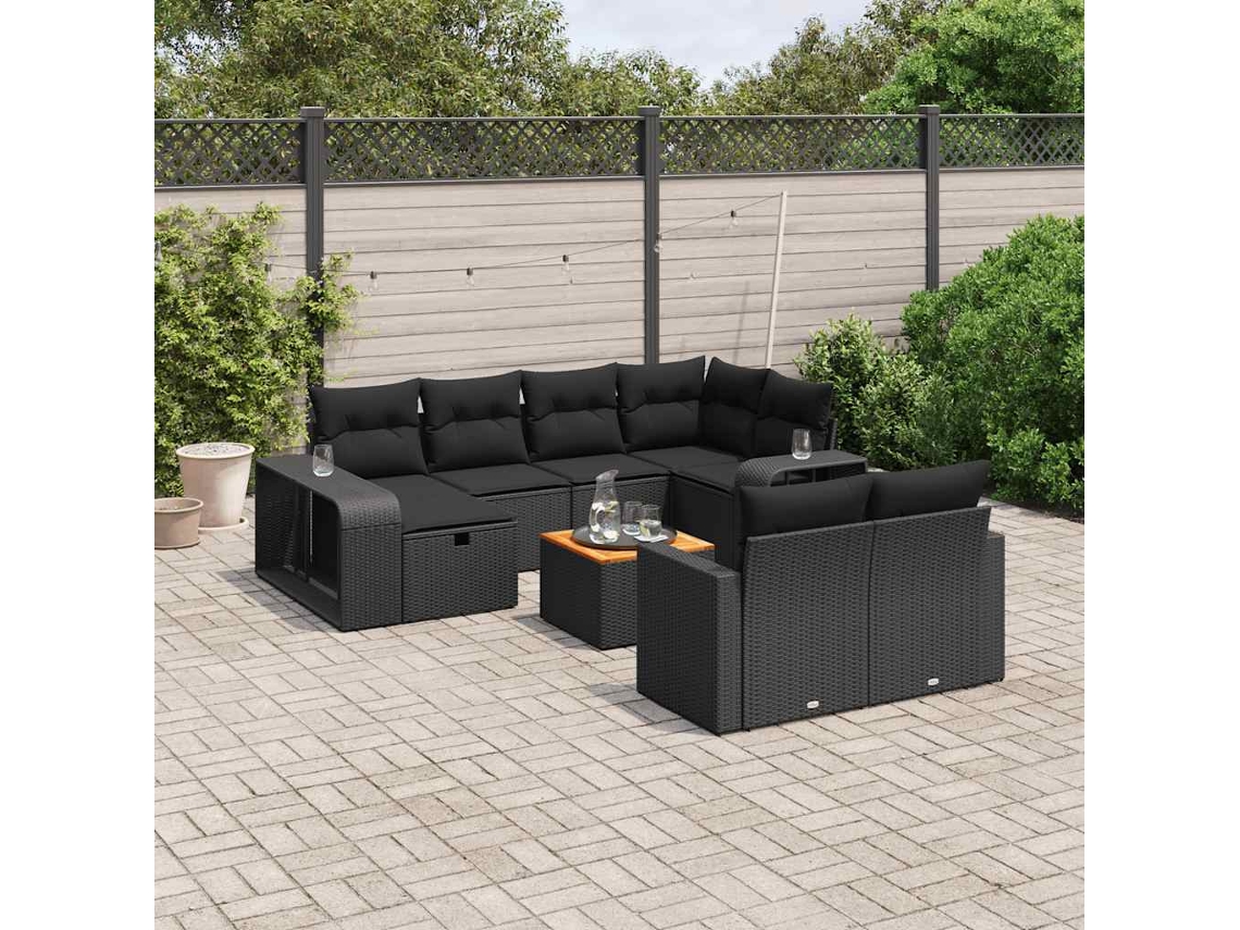 Vidaxl 11 Pcs Conjunto Sofás De Jardim C/ Almofadões Vime Pe Preto