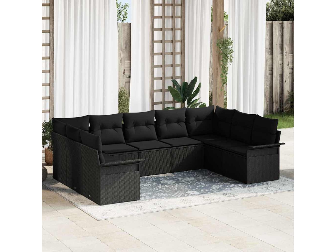 Vidaxl Conjunto De Sofá De Jardim Com Almofada Preto Vime Pe