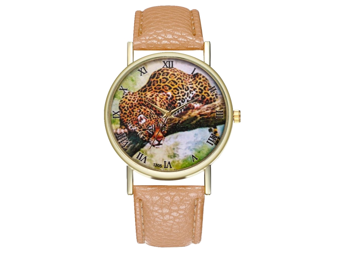 Relógio de quartzo unissex com pulseira de couro PU e mostrador bege com estampa de leopardo.