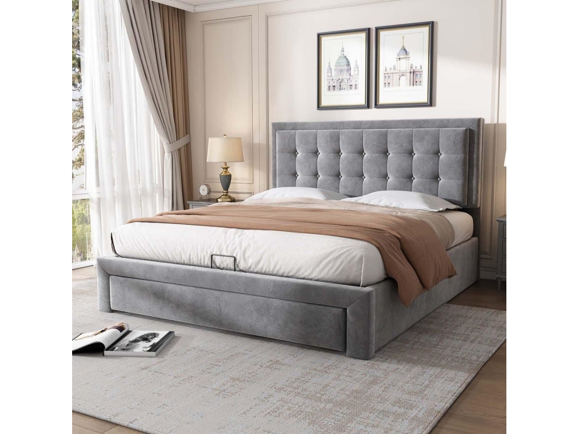 Cama Contentor Estofada Em Veludo 140x200cm - Com Gaveta E Estrado De Molas - Cinzento (sem Colchão)