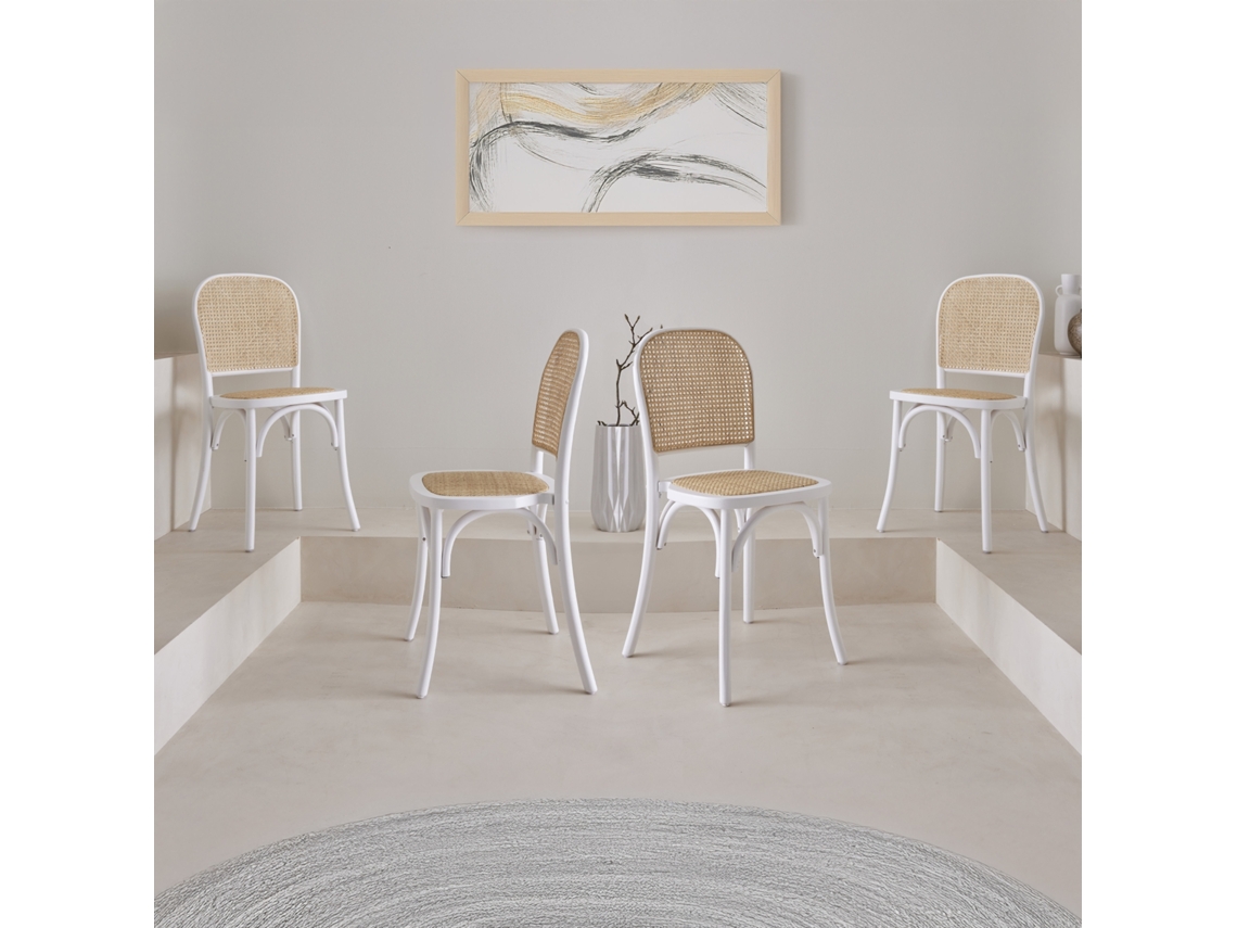 Cadeira Vintage Em Madeira E Revestida Em Rattan, Set De 4, Branco