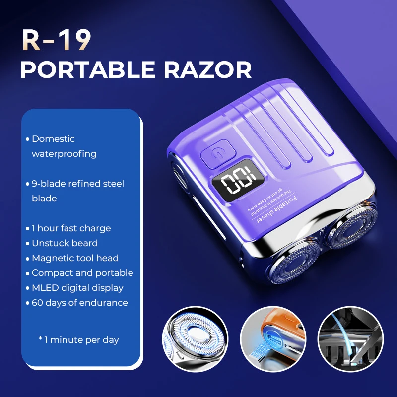 Barbeador Elétrico Inteligente, Visor Digital, Mini Cabeça de Lâmina Dupla, Barbeador de Viagem, Recarregável MDUG (r19 Azul)