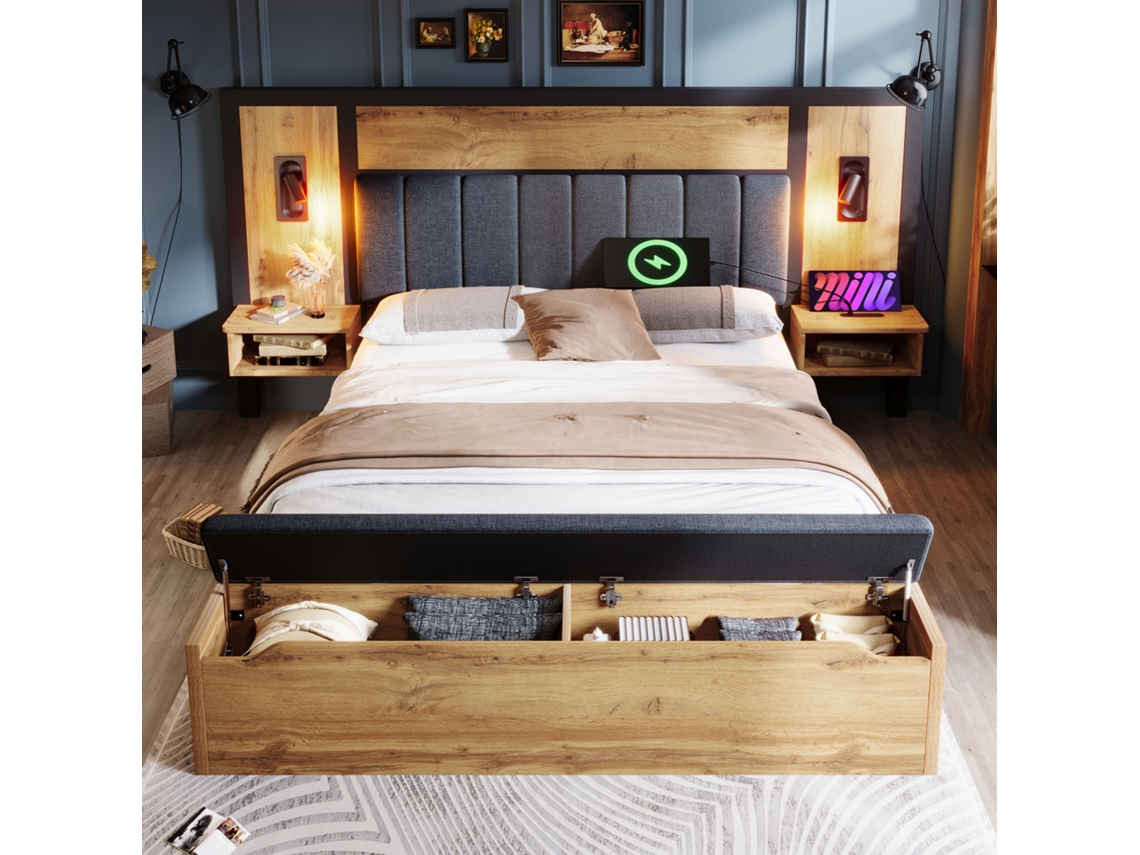 Cama Para Adulto 180×200 Cm Com Luz De Leitura Tomadas Banco De Arrumação Com Estrado Em Metal Natural Mobrio
