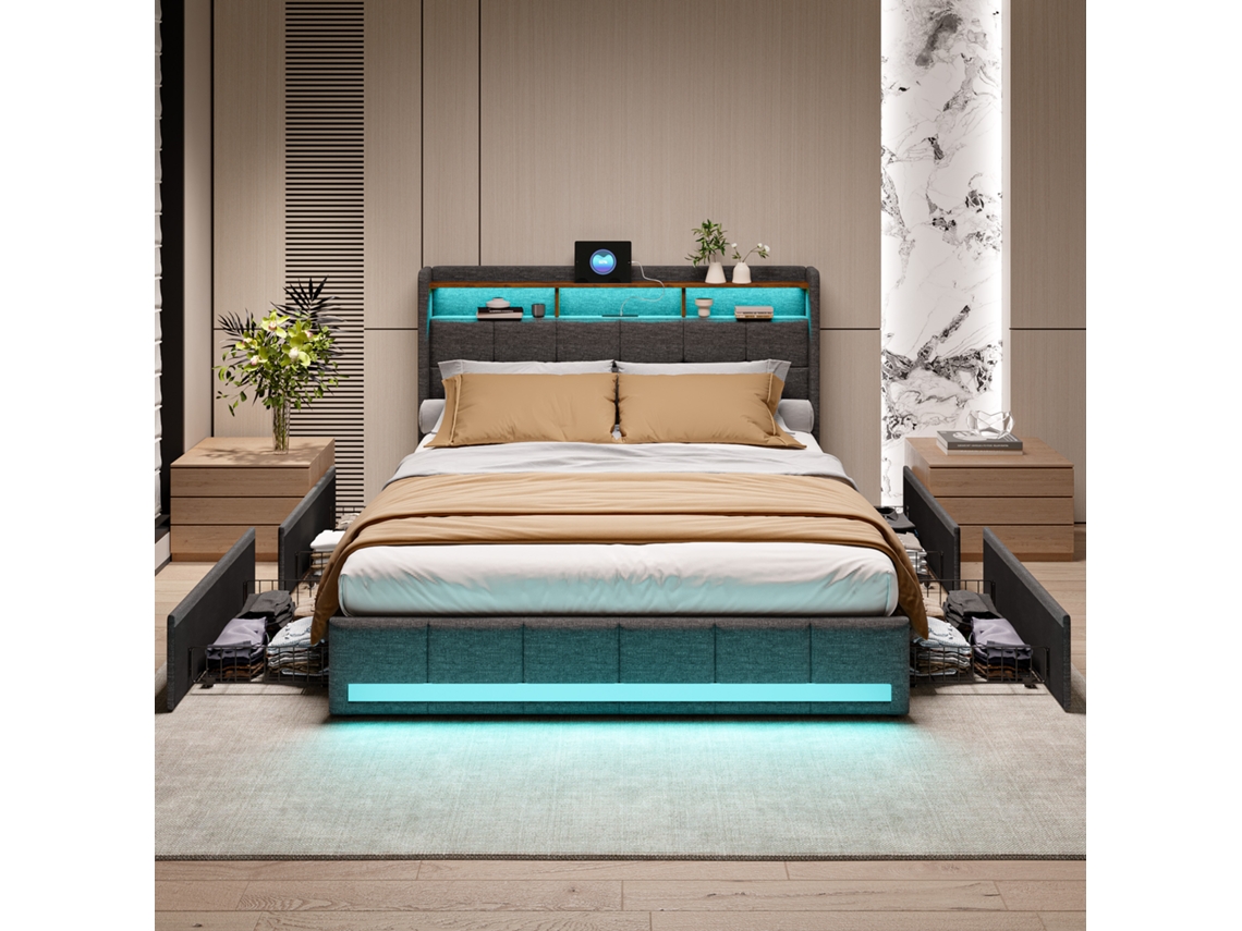 Cama De Casal 140x190 Cm Estofada Em Linho,cabeceira Com Armazenamento E Luz Led,total De 4 Gavetas,colchão Não Incluído,rosahqnda
