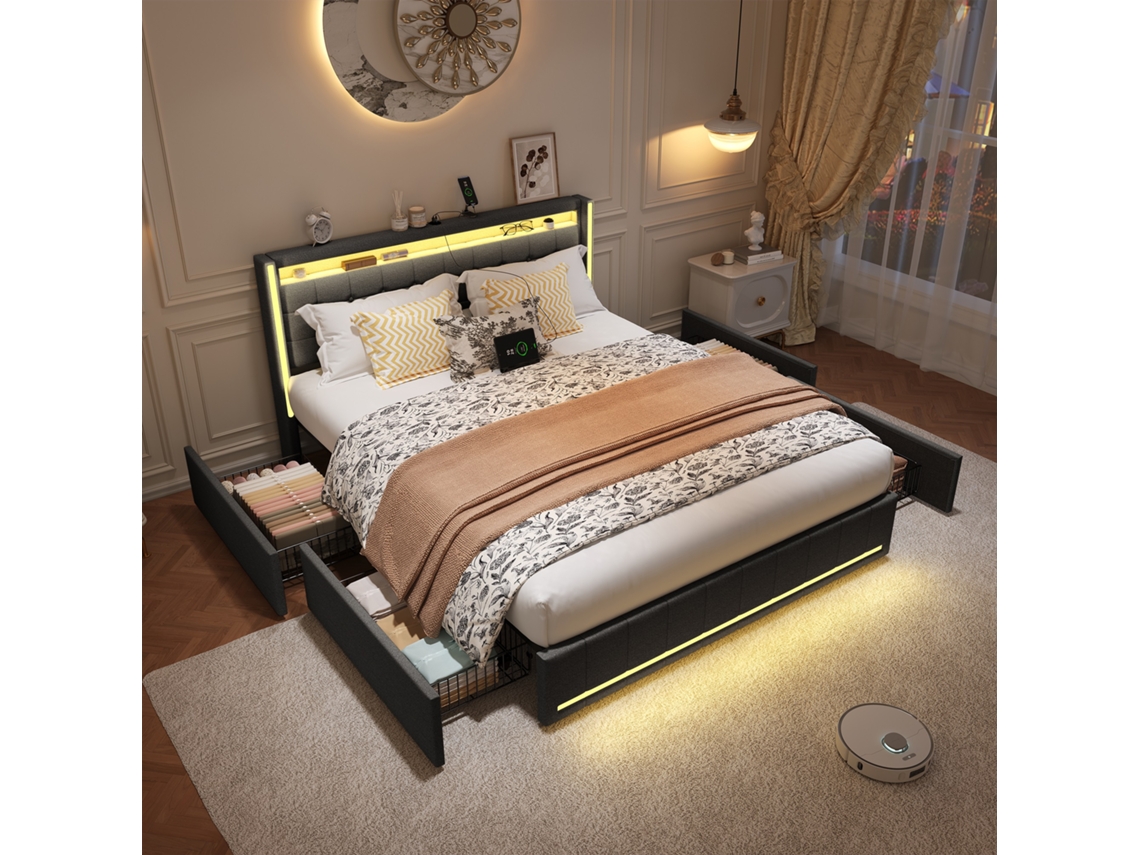 Cama De Casal Com 4 Gavetas De Ferro, 160x200 Cm, Com Iluminação Led, Porta-carregador Usb Na Cabeceira, Revestimento Em Linho, Cinzento Escuro,simurq