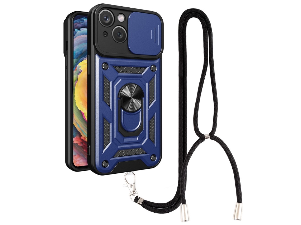 Correia Casa Quedas Slide Para Iphone 14 Plus Pele Sintética Azul