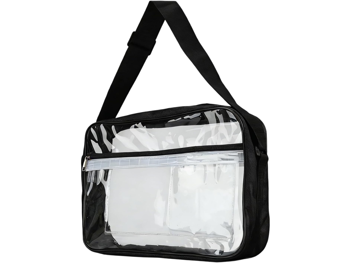 Bolsa de ombro grande em PVC transparente antiestático para salas limpas, com altura ajustável para proteção.
