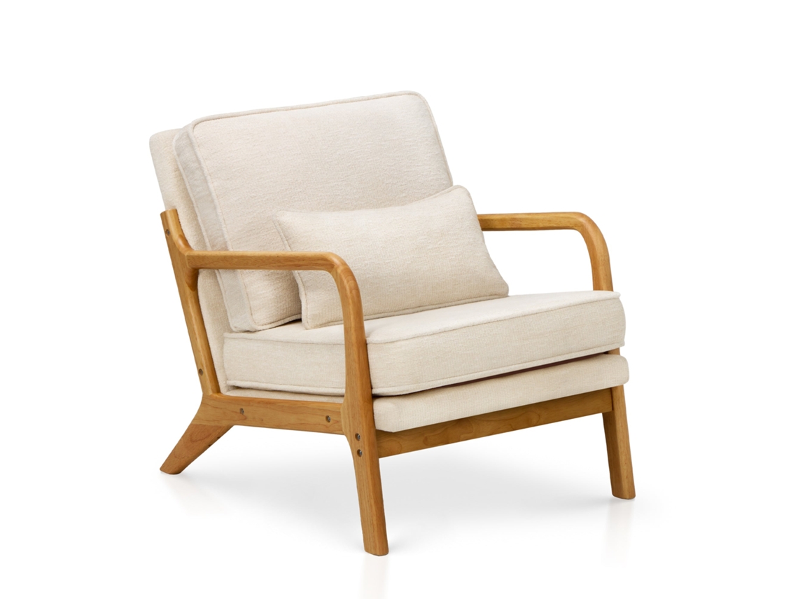 Smartue Poltrona Lounge Com Almofada Lombar, Poltrona Mid-century Com Estrutura De Madeira Maciça, Bege