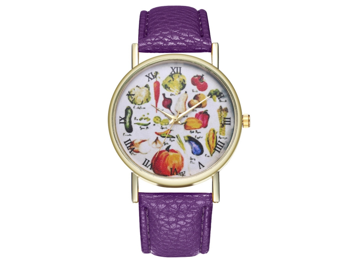 Relógio de quartzo unissex com pulseira de couro PU, mostrador com estampa de frutas, casual e moderno (roxo)