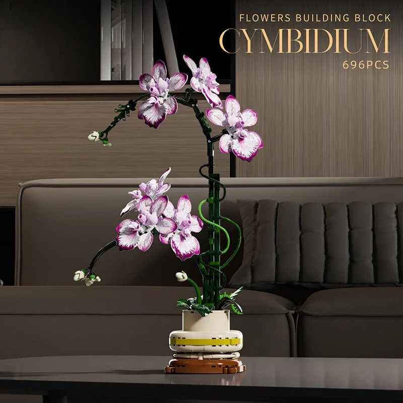 696 Peças)blocos De Montar Criativos Para Decoração De Casa Com Orquídea Oncidium Em Vaso,flor Preservada E Brinquedo De Montar Faça Você Mesmo