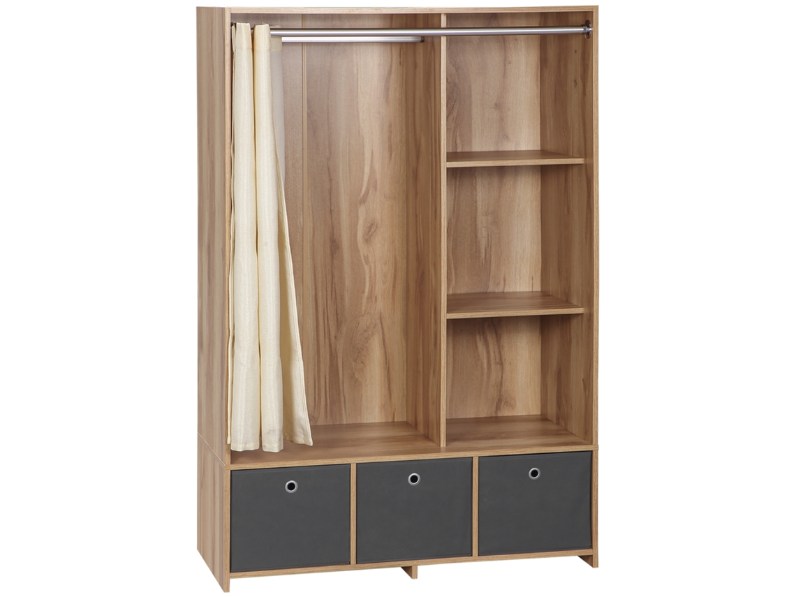 Guarda-roupa Com Varão Para Pendurar Roupas, 3 Gavetas Removíveis Em Tecido, 105 X 48 X 160 Cm, Cor Natural.