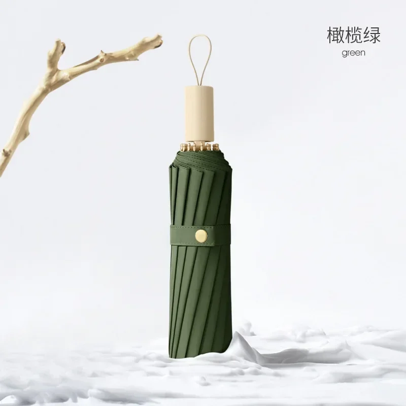 Guarda-chuva Feminino De Cor Sólida Verde-oliva Com Proteção Uv, Tamanho Grande, 16 Varetas, Dobrável Em 3 Partes, Resistente Às Intempéries.