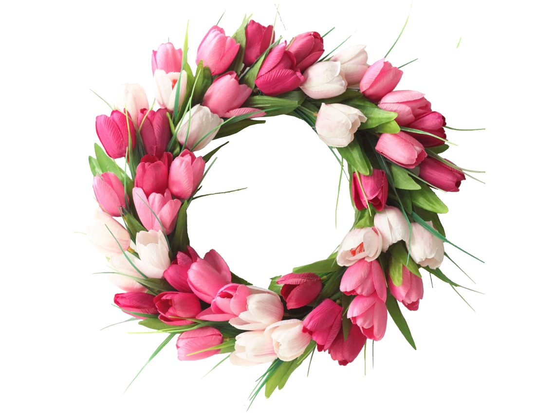 Laxiscreed Guirlanda De Parede Tulipa Rosa Com Flores De Seda E Aro De Rattan, 40cm